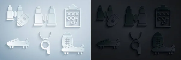 Set Whistle, Planning strategy concept, Soccer or football shoes with spikes, Binoculars and and and american icon. Вектор — стоковый вектор