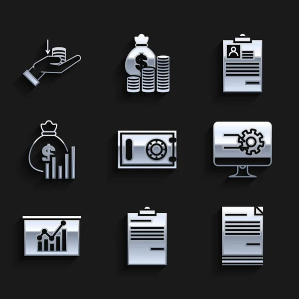 Set Coffre-fort, Document, Moniteur d'ordinateur avec graphique graphique, Conseil, Sac d'argent et diagramme, CV presse-papiers et icône de la main. Vecteur — Image vectorielle