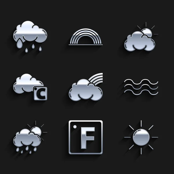 Arcobaleno con nuvole, Fahrenheit, Sole, Onde, Nuvole pioggia e sole, Celsius, tempo e icona. Vettore — Vettoriale Stock