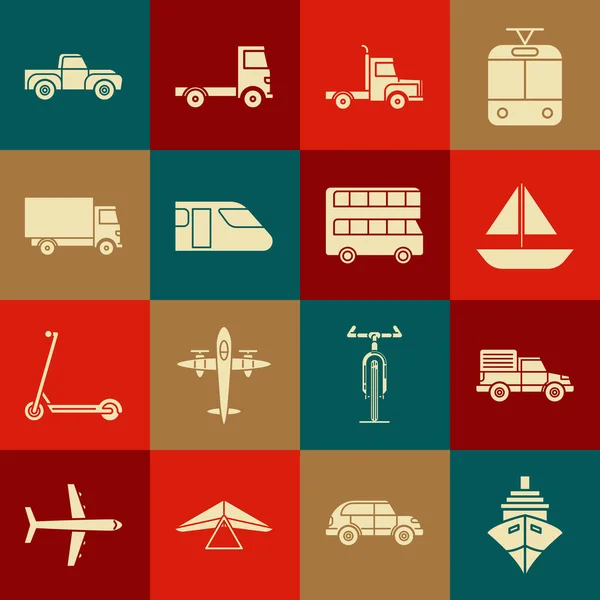 Set Buque de carga, vehículo camión de carga de entrega, yate velero o vela, tren, camioneta y autobús de dos pisos icono. Vector — Vector de stock