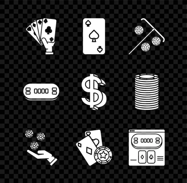 Establecer la mano celebración de cartas, Jugando con el símbolo de espadas, Palo para fichas, casino, Casino, Juego de mesa de póquer en línea, Poker and Dollar icon. Vector — Vector de stock