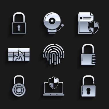Parmak izini ayarla, bilgisayar kalkanla korunuyor, asma kilit açık, kasa kombinasyonu, tekerlek, güvenlik duvarı, güvenlik duvarı, belge koruma konsepti ve kilit simgesi. Vektör