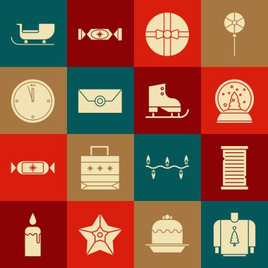 Noel süveteri, dilek listesi şablonu, kar küresi, hediye kutusu, içinde noel partisi davetiyesi olan zarf saat, Noel Baba kızağı ve figür pateni ikonu. Vektör