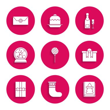 Set Lolipop, Noel çorabı, kitap, hediye kutusu, kar küresi, şampanya şişesi, bir bardak şampanya ve Noel partisi davetiyesi ikonu. Vektör