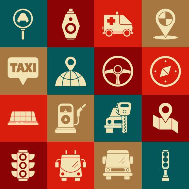 Trafik ışığını ayarlayın, konum işareti, pusula, ambulans ve acil durum arabası ile katlanmış harita, dünyanın konumu, harita işaretleyici taksi, büyüteç ve direksiyon simgesi. Vektör