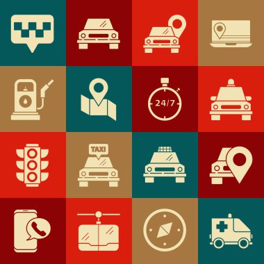 Ambulans ve acil durum arabasını, taksi, taksi, taksi, katlanmış harita konum işareti, petrol veya benzin istasyonu ve 24 saat ikonlu harita işaretleyicisini ayarlayın. Vektör