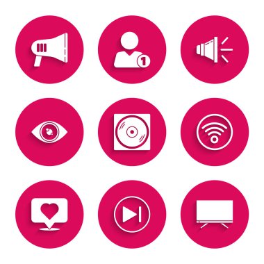Vinil disk, ileri sarma, Smart Tv, Wi-Fi kablosuz internet ağı, Like and heart, Eye, Speaker sesi ve Megaphone ikonu. Vektör