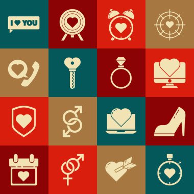 Merkezde kalp kronometresi, yüksek topuklu kadın ayakkabısı, bilgisayar monitörü kalbi, çalar saat, anahtar şekli, telefon konuşma balonu, seni seviyorum konuşması ve alyans ikonu. Vektör
