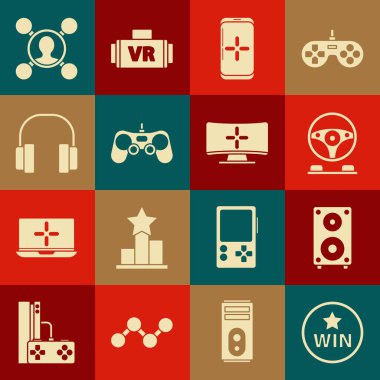 Madalya, Stereo hoparlörü, yarış simülatörü kokpiti, akıllı telefon ve oyun oyunu, Gamepad, Kulaklıklar, Paylaşım ve Bilgisayar monitörü ikonu. Vektör