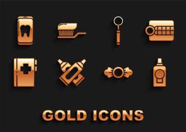 Çapraz diş macunu tüpü, takma diş macunu modeli, ağız gargarası plastik şişesi, Şeker, dişçi kartlı pano, diş muayenesi aynası, çevrimiçi bakım ve diş fırçası ikonu. Vektör