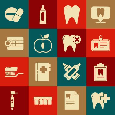 Diş sağlığı kliniği, kimlik kartı, diş, elma, takma diş modeli, ilaç tableti ve bakıcı ikonu içeren pano. Vektör