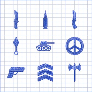 Askeri tank, rütbe, ortaçağ baltası, Barış, Tabanca veya silah, Japon ninja shuriken, bıçak ve ikonu. Vektör