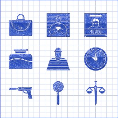 Mahkûm, büyüteç, arama, adalet terazisi, saat, tabanca ya da silah susturucusu, Inkwell, aranıyor posteri ve evrak çantası ikonu. Vektör