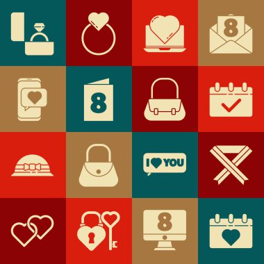 Takvimi 8 Mart, göğüs kanseri farkındalığı kurdelesi, online flört uygulaması ve sohbeti, tebrik kartı, elmas nişan yüzüğü ve el çantası ikonu ile ayarla. Vektör