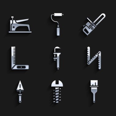 Calliper, kalibre ve ölçek, metal vida, boya fırçası, katlama cetvel, Trowel, Corner, Chainsaw ve Construction zımba simgesi ayarla. Vektör