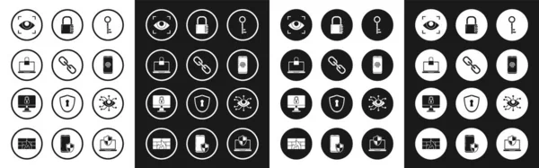 Schlüsselanhänger, Kettenglieder, Laptop und Schloss, Augenscanner, Smartphone mit Fingerabdruckscanner, Safe-Kombination und Computerbildschirm-Symbol sperren. Vektor — Stockvektor