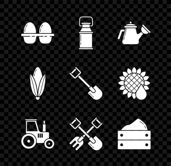 Set Huevo de pollo en caja, Envase de lata para leche, Regadera, Tractor, Pala y rastrillo, Madera con vendimia, Maíz e icono. Vector — Vector de stock