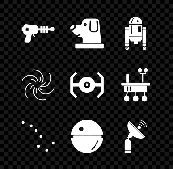 Ray silahı, astronot kasklı köpek, Robot, Büyük Ayı takımyıldızı, Ölüm Yıldızı, Radar, Kara Delik ve Kozmik gemi ikonu. Vektör — Stok Vektör