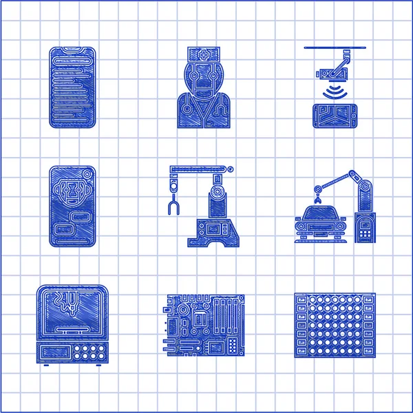 Set Montážní linka, Tištěný obvod PCB, Průmyslový stroj robotické rameno ruku, 3D tiskárna, Bot, Bezdrátové ovládání CCTV bezpečnostní kamera a ikona rozhraní Computer api. Vektor — Stockový vektor