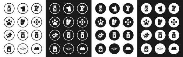 Set Dog ben, och piller, Tass tryck, medicinflaska, Veterinär klinik symbol, Katt, och ikon. Vektor — Stock vektor