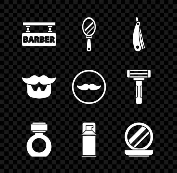 Set Barbearia, Espelho de mão, Navalha reta, Aftershave, Espuma de gel de barbear, Maquiagem em pó com, Barba de bigode e ícone. Vetor — Vetor de Stock