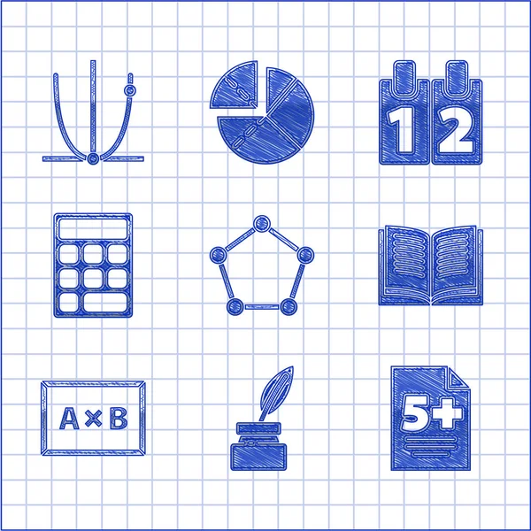 Ορισμός γεωμετρικό σχήμα Pentagonal πρίσμα, Feather και inkwell, Δοκιμή ή φύλλο εξέτασης, Ανοικτό βιβλίο, Chalkboard, Υπολογιστής, Ημερολόγιο και Γράφημα, χρονοδιάγραμμα, διάγραμμα, διάγραμμα εικονίδιο. Διάνυσμα — Διανυσματικό Αρχείο