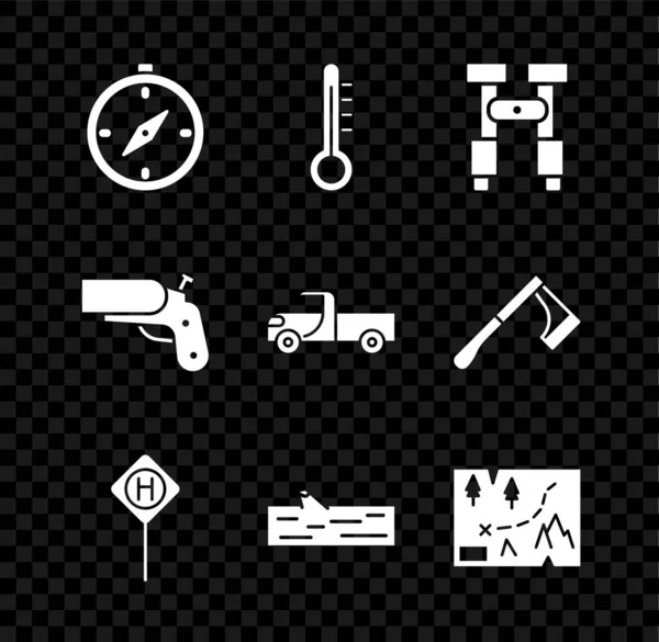 Set kompas, Meteorologie teploměr, Binokulár, Parkování, Dřevěné, skládací mapa s umístěním, světlice pistole pistole a Pickup truck ikona. Vektor — Stockový vektor