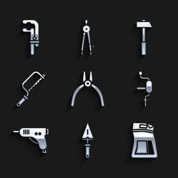 Набір інструментів Pliers, Trowel, Cement bag, Hand drill, Electric hot glue gun, Hacksaw, Hammer і Clamp icon. Вектор — стоковий вектор