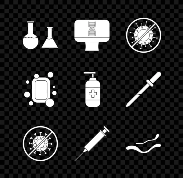 Σετ δοκιμαστικό σωλήνα και φιάλη, DNA σπιράλ υπολογιστή, Stop virus, Σύριγγα, Έμπολα ασθένεια, Bar of σαπούνι και μπουκάλι υγρό αντιβακτηριδιακό εικονίδιο. Διάνυσμα — Διανυσματικό Αρχείο