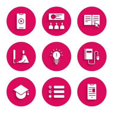 Fikir, Görev Listesi, Çevrimiçi Kitap Mobil, Elektronik Fare, Mezuniyet Şapka Küresi, Çalışan Öğrenci dizüstü bilgisayarı ve video simgesi içeren ampulü ayarla. Vektör