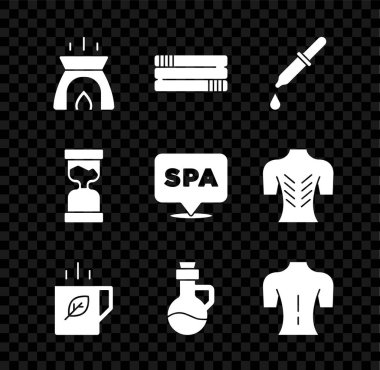 Aroma mumu, havlu yığını, Pipette, çay yaprağı, temel yağ şişesi, masaj, eski kum saati ve kaplıca salonu ikonu. Vektör