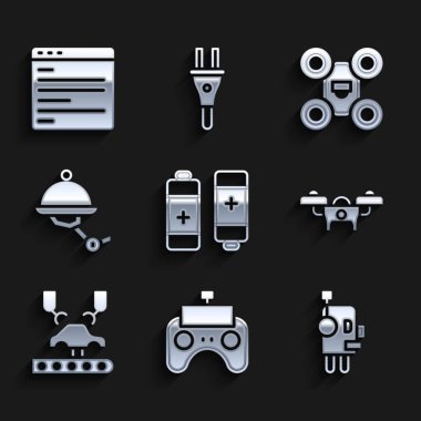 Batarya, Uzaktan Kumanda, Robot, Robot, Robot Robot Kol Fabrikası, Garson ve Bilgisayar Ağı arayüzü simgesini ayarla. Vektör