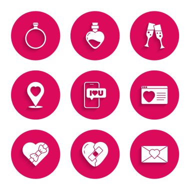 Kalbi kırık, iyileşmiş, Sevgililer Günü zarfı, internetteki randevu uygulaması, Candy şeklindeki kutu, konum, şampanya kadehi ve elmas nişan yüzüğü ikonu. Vektör