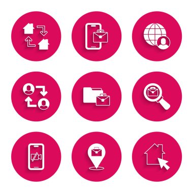 Çevrimiçi çalışan, evrak çantalı büyüteç, cep telefonlu video kamera kapalı, Proje ekibi üssü, Freelancer ve ikon. Vektör