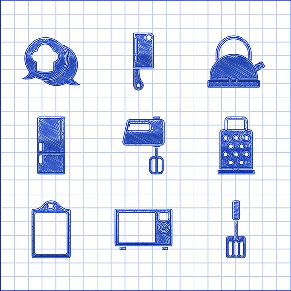 セット電気ミキサー、電子レンジ、スパチュラ、グレーター、カッティングボード、冷蔵庫、ハンドル付きケトルとシェフの帽子のスピーチバブルアイコン。ベクトル — ストックベクタ