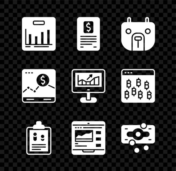 Définir l'infographie graphique à secteurs, Rapport sur le financement des entreprises, Marché de l'ours, Cours de trading, Stacks espèces de papier-monnaie, Site Web avec croissance et icône de l'ordinateur. Vecteur — Image vectorielle