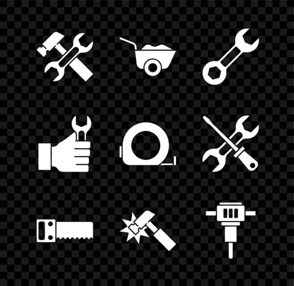 Set Hammer and wrench, Wheelbarrow, Wrench spanner, Hand saw, Construction jackhammer, and Roulette construction icon. Vector — Stock Vector