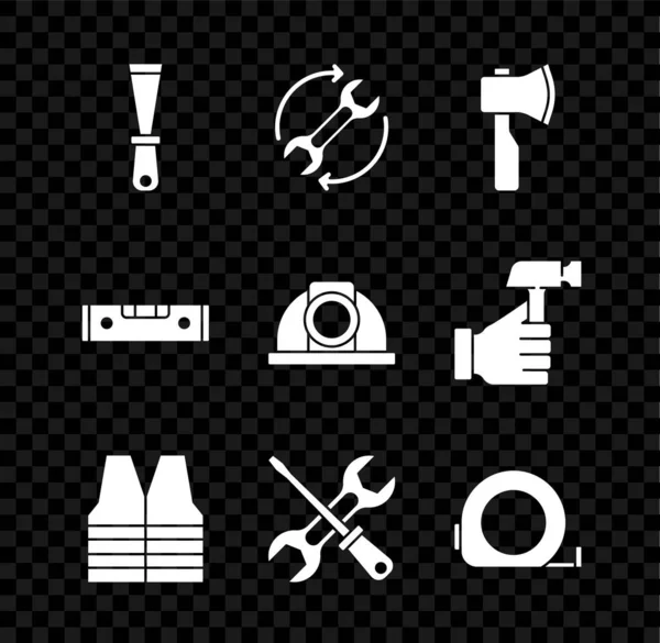 Set Putty mes, moersleutel en pijlen als workflow, Houten bijl, Veiligheidsvest, Schroevendraaiersleutel, Roulette constructie, Constructie zeepbel niveau en werknemer veiligheidshelm pictogram. Vector — Stockvector