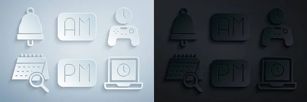 Set Day Time, Gamepad of, Calendar search, Laptop, Morning, Ringing bell icon. Vector — 스톡 벡터