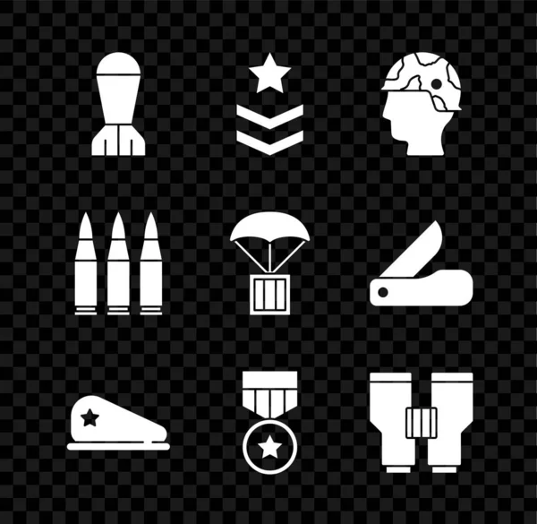 Set Fliegerbombe, Militärrang, Soldat, Baskenmütze, Belohnungsmedaille, Fernglas, Bullet und Airdrop Box Symbol. Vektor — Stockvektor