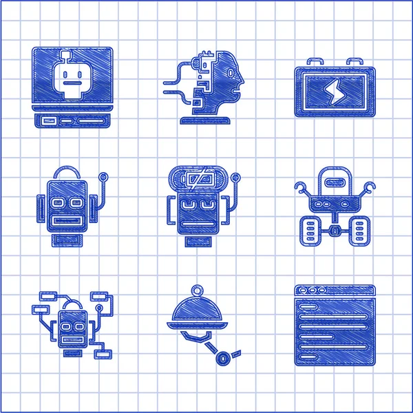 로봇 저 배터리 충전, 웨이터 로봇, 컴퓨터 api 인터페이스, 마스 로버, 배터리, 아이콘 설정. Vector — 스톡 벡터