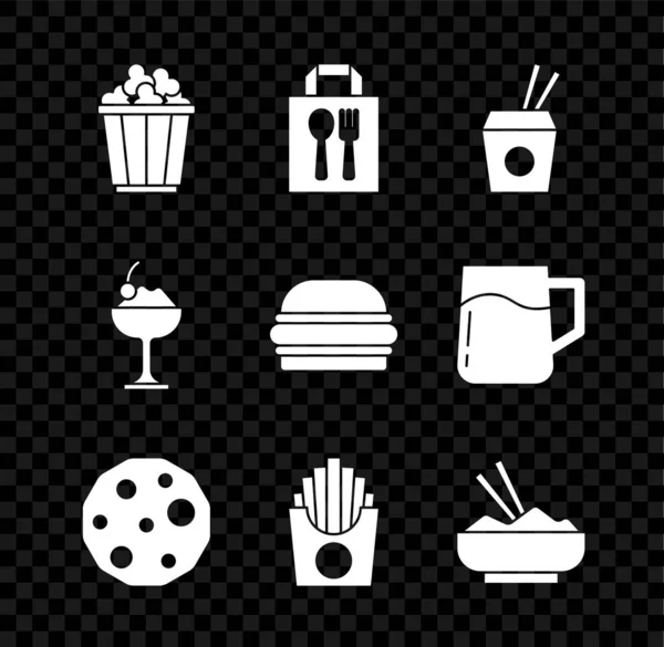 Set Popcorn in doos, Online bestellen en bezorgen, Aziatische noedels eetstokjes, Koekjesbiscuit, Aardappelen frites, Rijstkom met, IJs en Burger icoon. Vector — Stockvector