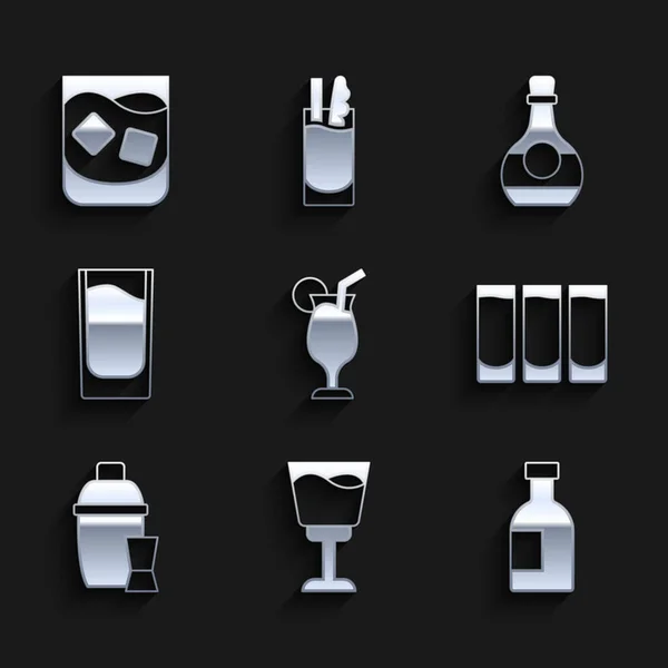 Set Cocktail, Verre à vin, Bouteille de vodka, Tir, shaker, Cognac bouteille ou brandy et icône de whisky. Vecteur — Image vectorielle