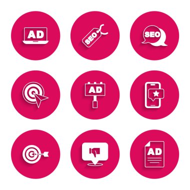 Reklamcılığı, Hoşlanmayan konuşma balonunu, gözden geçirme dereceli cep telefonunu, Hedef, SEO optimizasyon ve simgeyi ayarla. Vektör