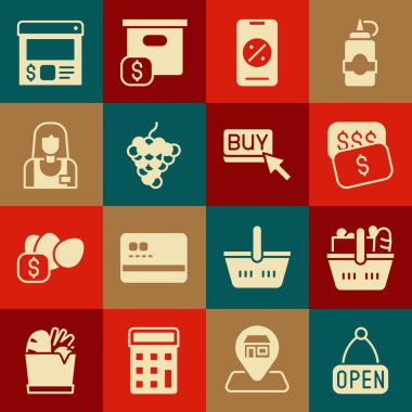 Açık, alışveriş sepeti ve yiyecek, yeni fiyat etiketi doları, indirimli cep telefonu, üzümlü meyve, satıcı, çevrimiçi sipariş verme ve satın alma düğmesi simgesi. Vektör