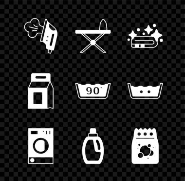 Elektrikli ütü, demir ve ütü masası, havlu yığını, çamaşır deterjanı için şişe, çamaşır deterjanı ve ısı yıkama ikonu ayarla. Vektör