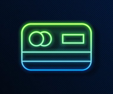 Parlayan neon hattı kredi kartı simgesi mavi arkaplanda izole edildi. Çevrimiçi ödeme. Nakit çekilmesi. Finansal operasyonlar. Alışveriş tabelası. Vektör