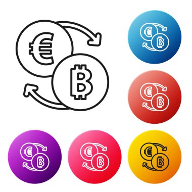 Siyah çizgi kripto döviz simgesi beyaz arkaplanda izole edildi. Bitcoin 'den Euro takas simgesine. Kripto para teknolojisi, mobil bankacılık. Renkli daire düğmelerini ayarlayın. Vektör