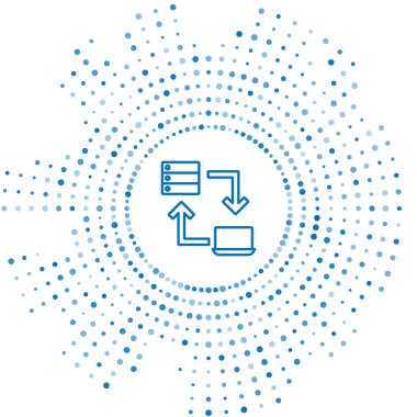 Mavi Hat Çevrimiçi çalışan simge beyaz arkaplanda izole edildi. Evinde dizüstü bilgisayarla çalışan serbest çalışan bir adam. Uzaktan kumanda. Mesafeli iş kavramı. Soyut çember rastgele noktalar. Vektör