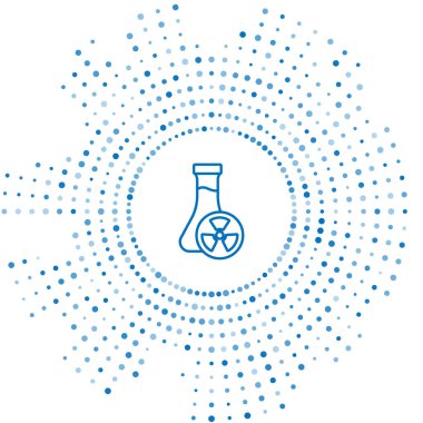 Mavi çizgi laboratuvar kimyasal deney şişesi. Beyaz arka planda zehirli sıvı ikonu var. Biyolojik tehlike sembolü. Radyasyon ikonu olan tehlikeli bir sembol. Soyut çember rastgele noktalar. Vektör